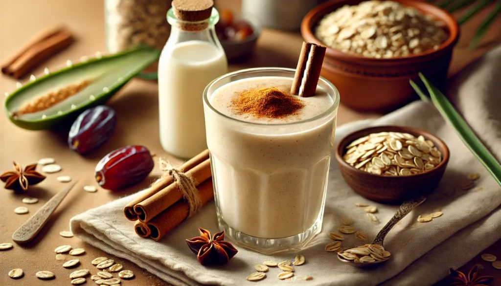 A creamy oatmeal and aloe vera smoothie in a clear glass, featuring a rich, smooth texture with a hint of cinnamon on top. Surrounding the glass are fresh ingredients including rolled oats, cinnamon sticks, a date, and an almond milk bottle. The setting is warm and inviting, with soft natural lighting enhancing the cozy, nourishing feel.