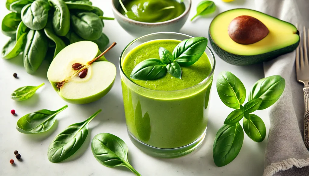 A vivid green Basil Green Detox Smoothie garnished with a slice of green apple and fresh basil leaves. The scene includes spinach leaves, half an avocado, and a lemon wedge on a white marble countertop, creating a refreshing and nutrient-rich aesthetic.