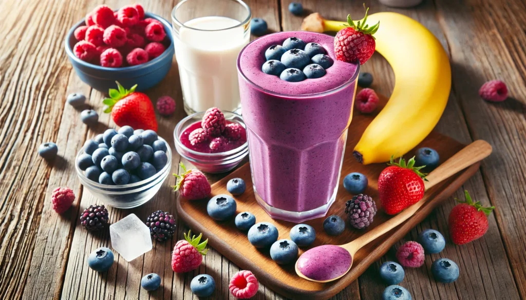 A vibrant berry bone booster smoothie in a tall glass with a rich purple color, surrounded by fresh blueberries, raspberries, strawberries, a frozen banana, almond milk, and a bowl of bone broth on a wooden table.