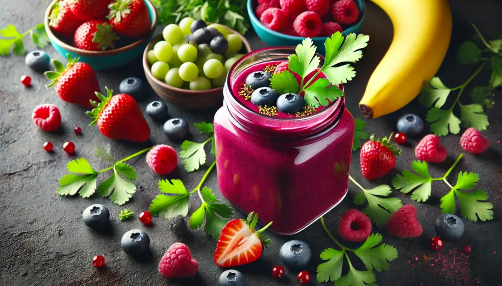 A colorful Berry-Cilantro Antioxidant Smoothie in a clear glass jar with a deep reddish-purple hue, garnished with fresh cilantro leaves and mixed berries, surrounded by blueberries, raspberries, strawberries, half a banana, and a bunch of cilantro, perfect for detoxification and antioxidant support.