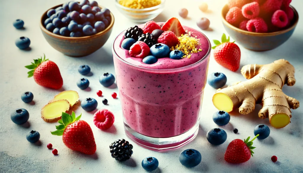 A colorful berry-ginger smoothie in a tall glass, topped with fresh mixed berries and grated ginger, surrounded by scattered blueberries, raspberries, strawberries, and a small bowl of grated ginger in bright natural lighting.