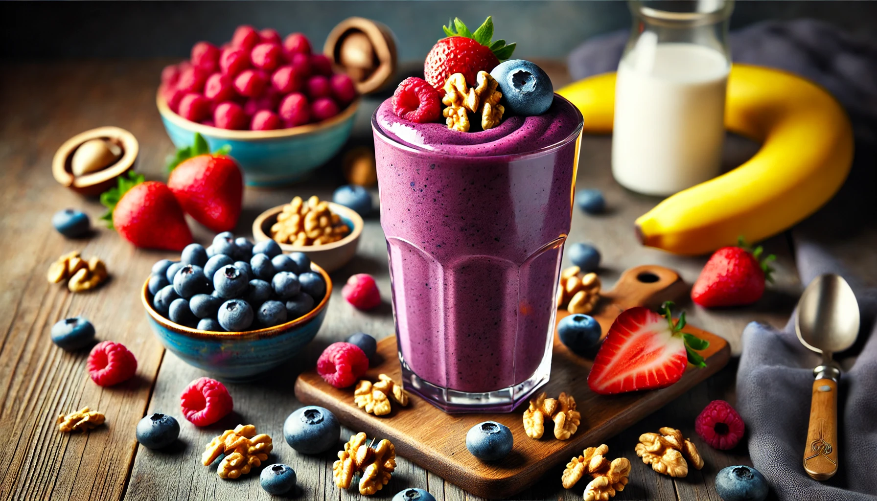 A vibrant berry walnut bliss smoothie in a tall glass with a deep purple hue, surrounded by fresh blueberries, raspberries, strawberries, walnuts, and a banana on a wooden table, with a glass of almond milk in the background.