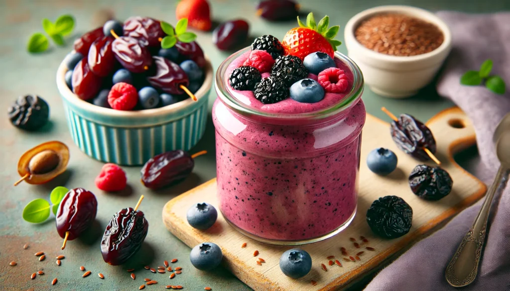 A colorful berry and prune smoothie in a clear glass jar, garnished with fresh mixed berries and sprinkled with flaxseeds, surrounded by pitted prunes, blueberries, raspberries, strawberries, and flaxseeds in bright natural lighting.