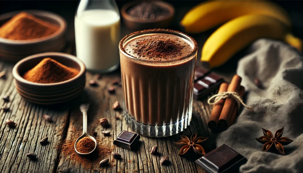 A rich and indulgent black pepper and cacao energy smoothie in a stylish glass on a rustic wooden table, with a frothy top sprinkled with cacao powder and black pepper. Surrounding the glass are raw cacao beans, a cinnamon stick, a banana, and a small bowl of almond milk, creating a warm and inviting atmosphere.