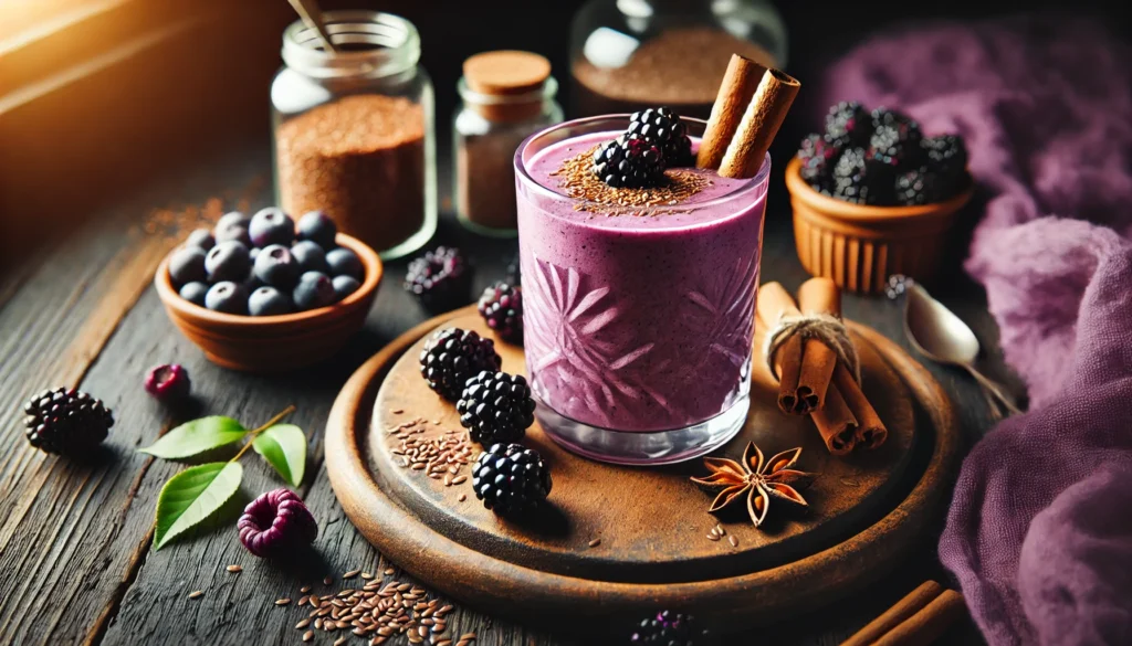 A cozy purple smoothie in a glass surrounded by fresh blackberries, cinnamon sticks, a sprinkle of nutmeg, and flaxseeds on a dark wooden surface, styled with warm natural lighting for a comforting and anti-inflammatory look.