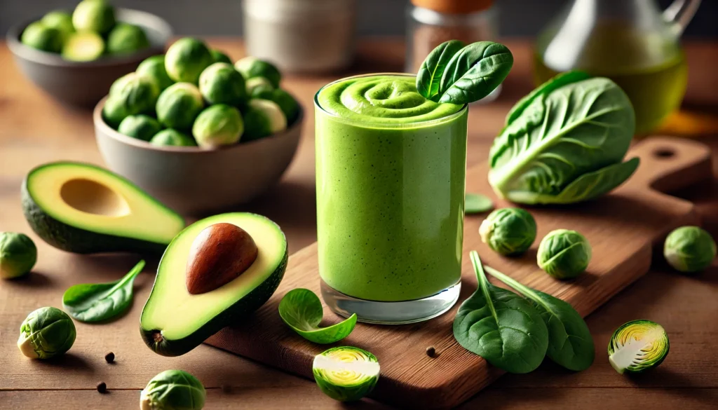 A creamy green smoothie in a glass, surrounded by half an avocado, fresh spinach leaves, and chopped Brussels sprouts on a wooden surface, illuminated by soft natural light with a kitchen background.