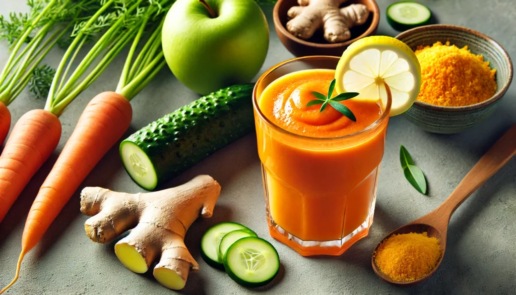 A Carrot-Ginger Detox Smoothie served in a clear glass with a vibrant orange hue, garnished with a lemon slice and grated ginger, surrounded by fresh carrots, green apple, cucumber, and grated ginger, ideal for detoxification and glowing skin.