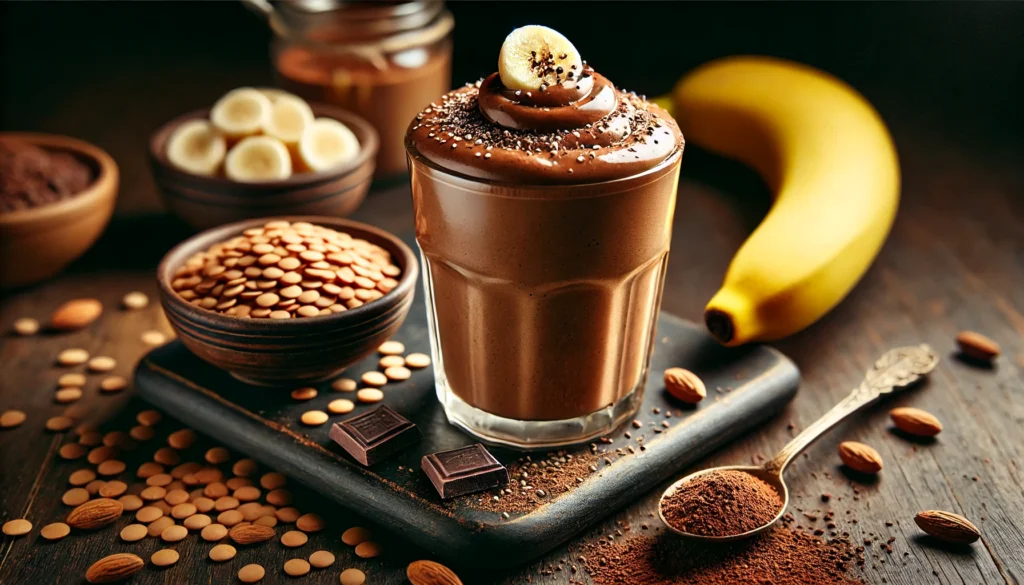 A decadent chocolate smoothie in a glass topped with a drizzle of almond butter, surrounded by lentils, raw cacao powder, and a frozen banana, arranged on a dark wooden surface with warm natural lighting for a rich and nutritious presentation.