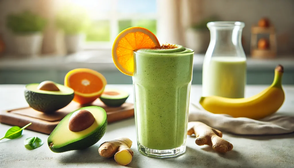 A refreshing citrus avocado smoothie in a tall glass with a creamy light green texture, garnished with an orange slice, accompanied by fresh orange segments, ginger, and avocado on a bright kitchen countertop.
