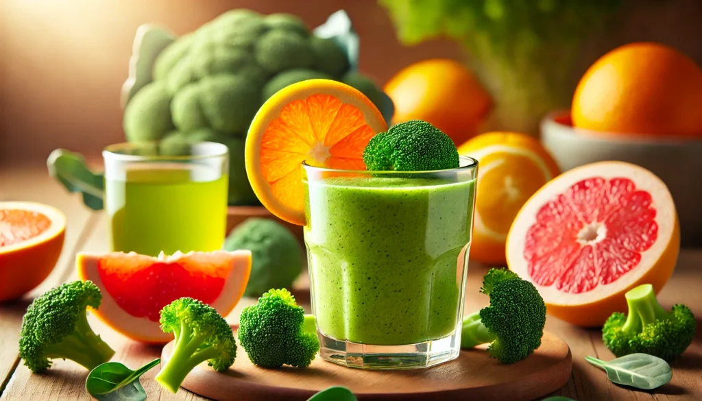 A refreshing citrus-broccoli smoothie in a clear glass, garnished with an orange slice and fresh broccoli florets, surrounded by peeled orange segments, grapefruit slices, broccoli florets, and a small glass of green tea in bright, natural lighting.