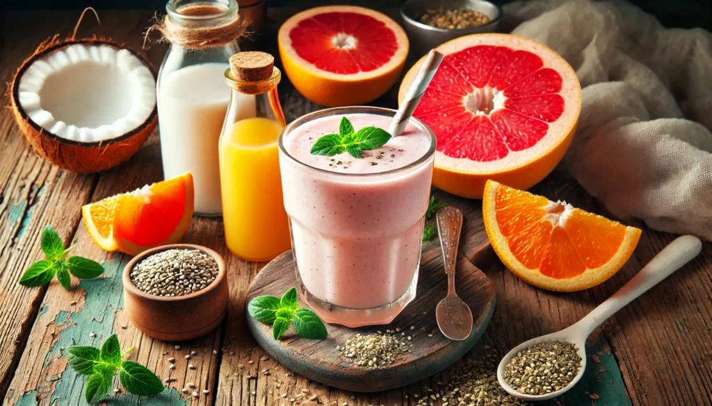 A creamy citrus smoothie in a tall glass, blending pale orange and pink hues. The setup includes fresh orange slices, grapefruit segments, a small jug of coconut water, and a sprinkle of hemp seeds on a rustic wooden surface, emphasizing hydration and recovery-enhancing ingredients.
