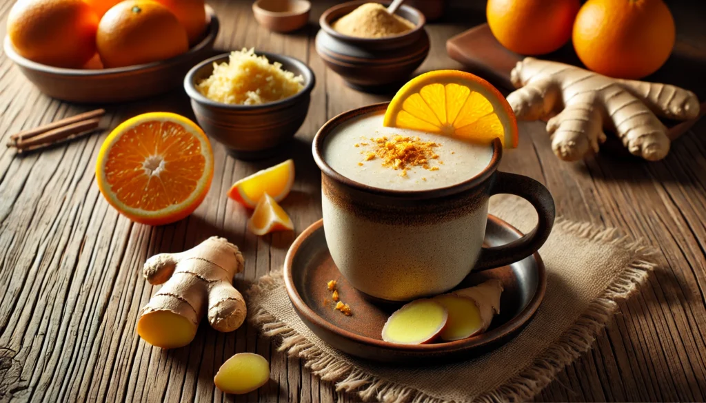 A cozy citrus-ginger Boswellia smoothie served in a rustic mug, garnished with an orange slice and grated ginger, surrounded by fresh oranges, a small bowl of grated ginger, and a warm wooden table in soft natural lighting.