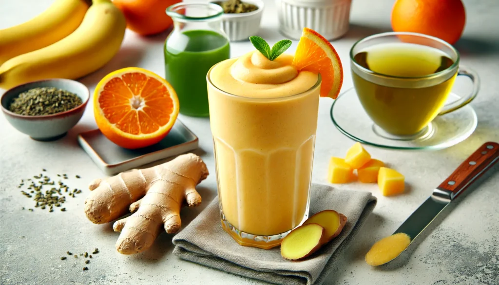 A refreshing citrus-green tea ginger smoothie in a tall glass with a light orange hue, surrounded by fresh orange slices, ginger root, a frozen banana, a cup of chilled green tea, and a jug of almond milk on a bright kitchen countertop.