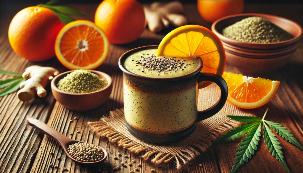 A cozy citrus hemp smoothie in a rustic mug, garnished with an orange slice and sprinkled with hemp seeds, surrounded by fresh oranges, grated ginger, and a small bowl of hemp seeds on a warmly lit wooden table.