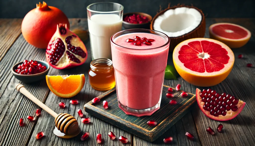 A refreshing citrus pomegranate fusion smoothie in a tall glass with a bright pinkish-orange color, surrounded by fresh pomegranate seeds, orange slices, grapefruit segments, coconut milk, honey, and lime on a rustic wooden table.