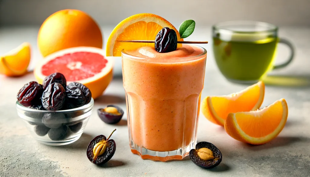 A refreshing citrus prune smoothie in a clear glass, garnished with an orange slice and a small prune, surrounded by peeled orange segments, grapefruit slices, pitted prunes, and a small glass of green tea in bright natural lighting.