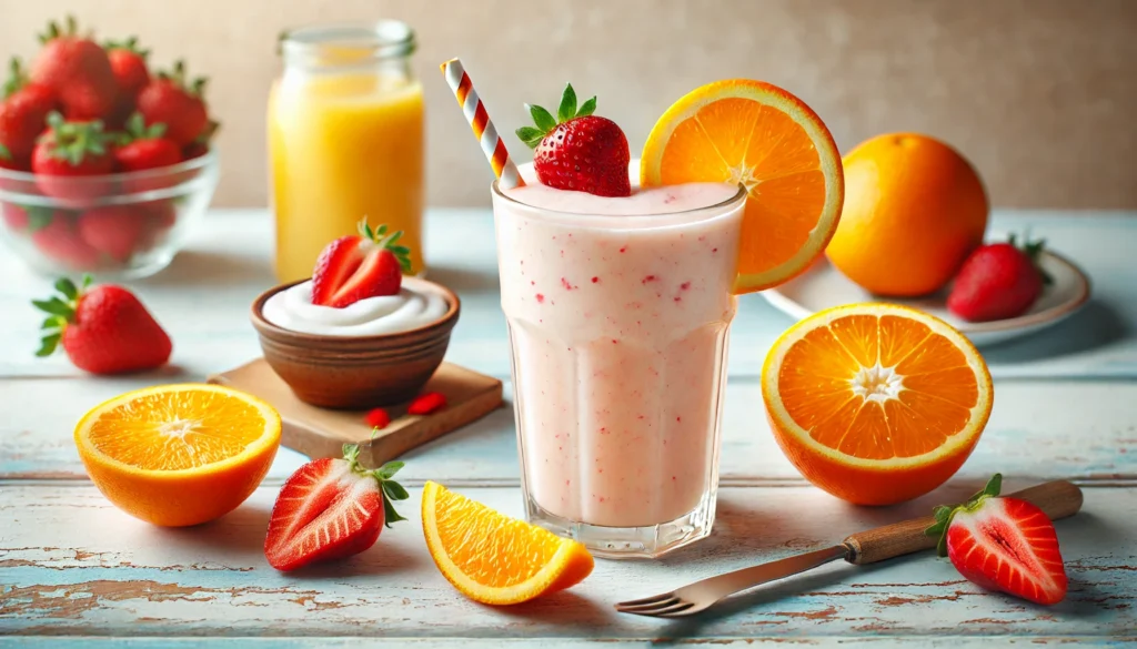 A refreshing citrus smoothie in a tall glass, blending pale orange and pink tones, garnished with a slice of orange and fresh strawberries. The background features fresh orange segments, strawberries, a small jar of Greek yogurt, and a cup of orange juice on a bright wooden table, highlighting bone-health ingredients.