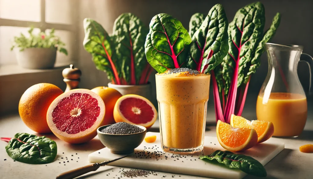 A light orange smoothie in a tall glass surrounded by fresh Swiss chard leaves, peeled orange segments, halved grapefruit, and a small bowl of chia seeds on a marble countertop, softly lit with natural light for a vibrant and zesty atmosphere.