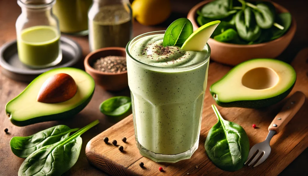 A creamy avocado and black pepper smoothie in a tall glass on a wooden kitchen counter, garnished with a thin slice of green apple and a sprinkle of black pepper. Fresh avocado halves, spinach leaves, and a lemon wedge are arranged around the glass, highlighting the smoothie’s fresh ingredients and vibrant colors.