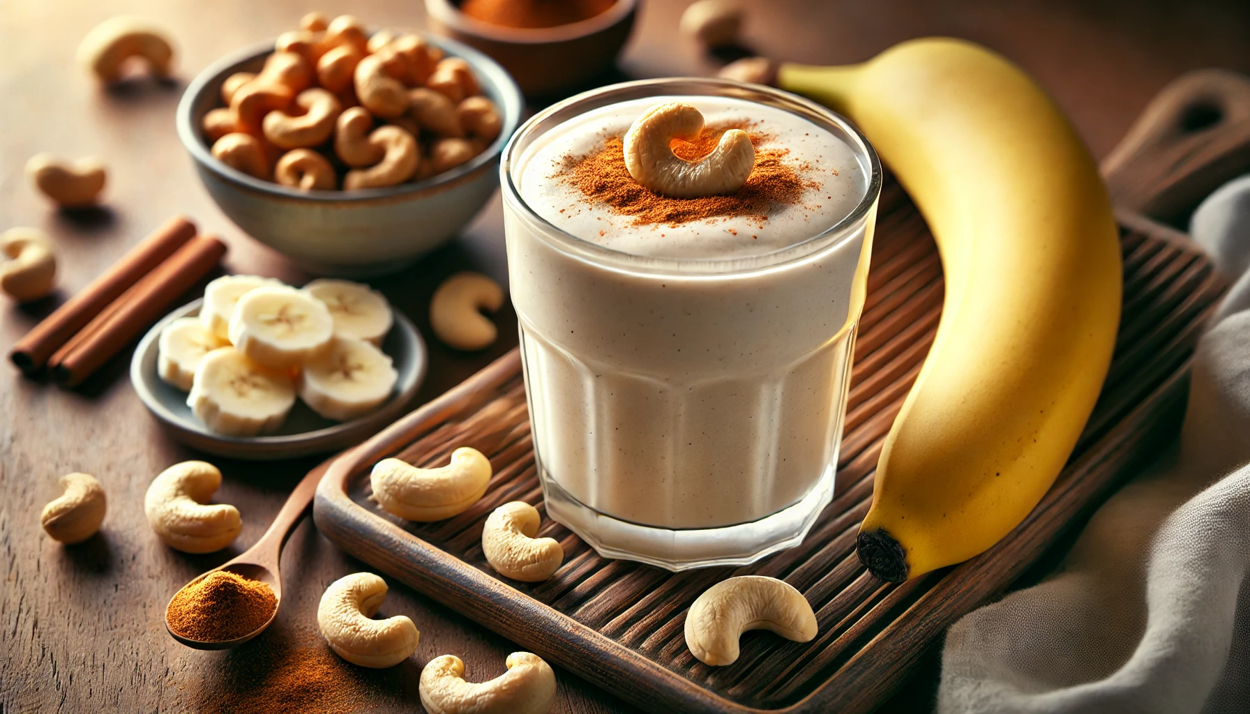 A light beige smoothie in a glass surrounded by a small bowl of raw cashews, a peeled frozen banana, and a pinch of cinnamon powder on a wooden table, softly lit with warm natural light for a cozy and inviting atmosphere.