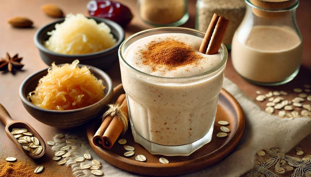 A creamy oat-based smoothie in a clear glass, featuring rolled oats, almond milk, cinnamon, and a date. The smoothie has a smooth beige color and is garnished with a sprinkle of cinnamon. A small dish of sauerkraut is placed beside the glass, showcasing its probiotic-rich ingredients. The background is warm and inviting, evoking comfort and digestive health.