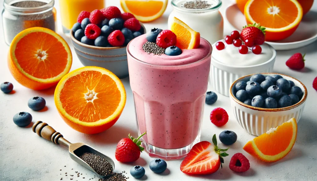 A vibrant creamy orange-berry blast smoothie in a tall glass with a pinkish-orange color, surrounded by fresh orange segments, mixed berries, Greek yogurt, and chia seeds on a white countertop.