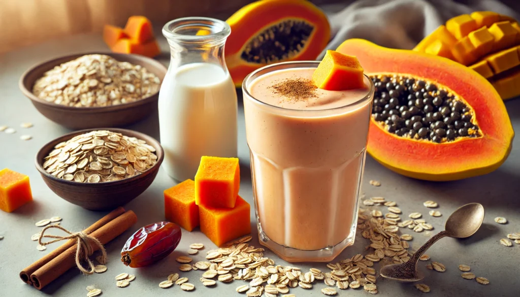A creamy papaya and oatmeal smoothie in a clear glass, with a rich, velvety orange texture. Surrounding the glass are fresh papaya chunks, rolled oats, a cinnamon stick, a date, and a small jug of almond milk. The setting is warm and inviting, with soft natural lighting enhancing the nourishing and comforting feel.
