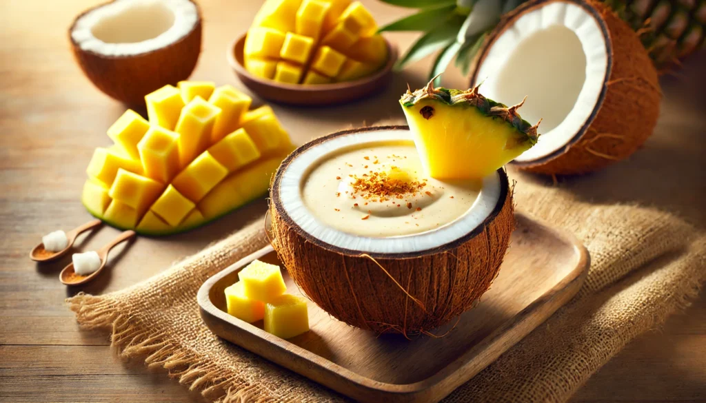 A creamy pineapple-coconut smoothie served in a coconut shell, garnished with a pineapple slice and grated ginger. The scene includes fresh mango chunks and coconut halves in a serene tropical setting with warm, golden natural light.