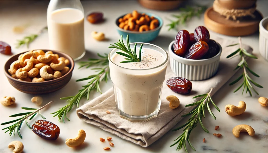 A light beige smoothie in a glass surrounded by fresh rosemary sprigs, a small bowl of soaked cashews, and pitted dates on a marble countertop, softly lit with warm natural light for a cozy and inviting atmosphere, with no text elements visible in the image.