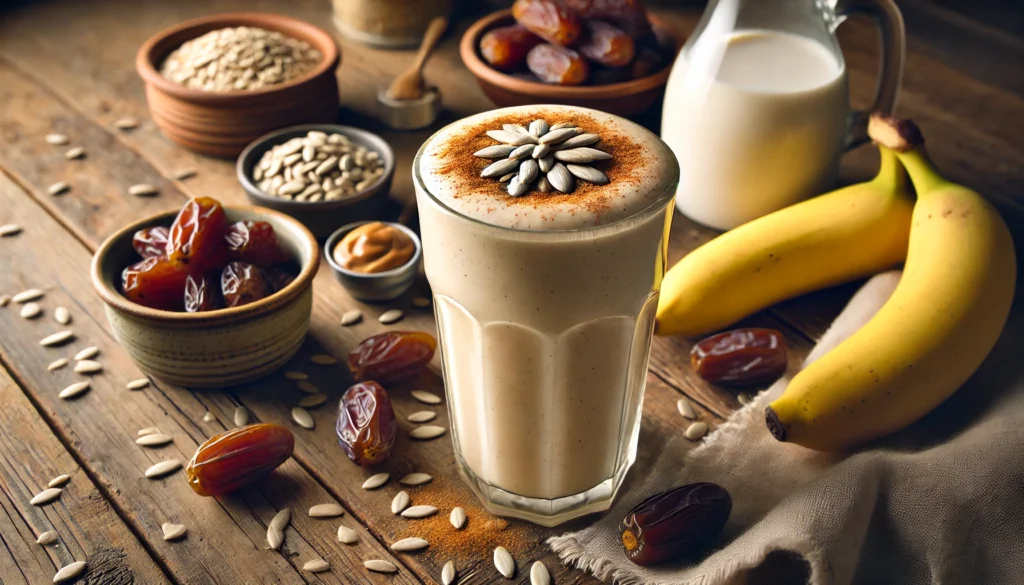 A creamy sunflower date delight smoothie in a tall glass on a rustic wooden table, garnished with a sprinkle of cinnamon and sunflower seeds. Surrounding the glass are dates, sunflower seeds, a banana, a small bowl of almond butter, and a jug of oat milk, highlighting the rich and nourishing ingredients for bone health.
