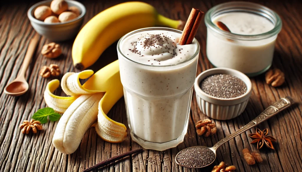 A creamy vanilla collagen smoothie in a tall glass with a smooth, pale beige texture, surrounded by a frozen banana, chia seeds, Greek yogurt, and a bowl of bone broth on a rustic wooden surface.