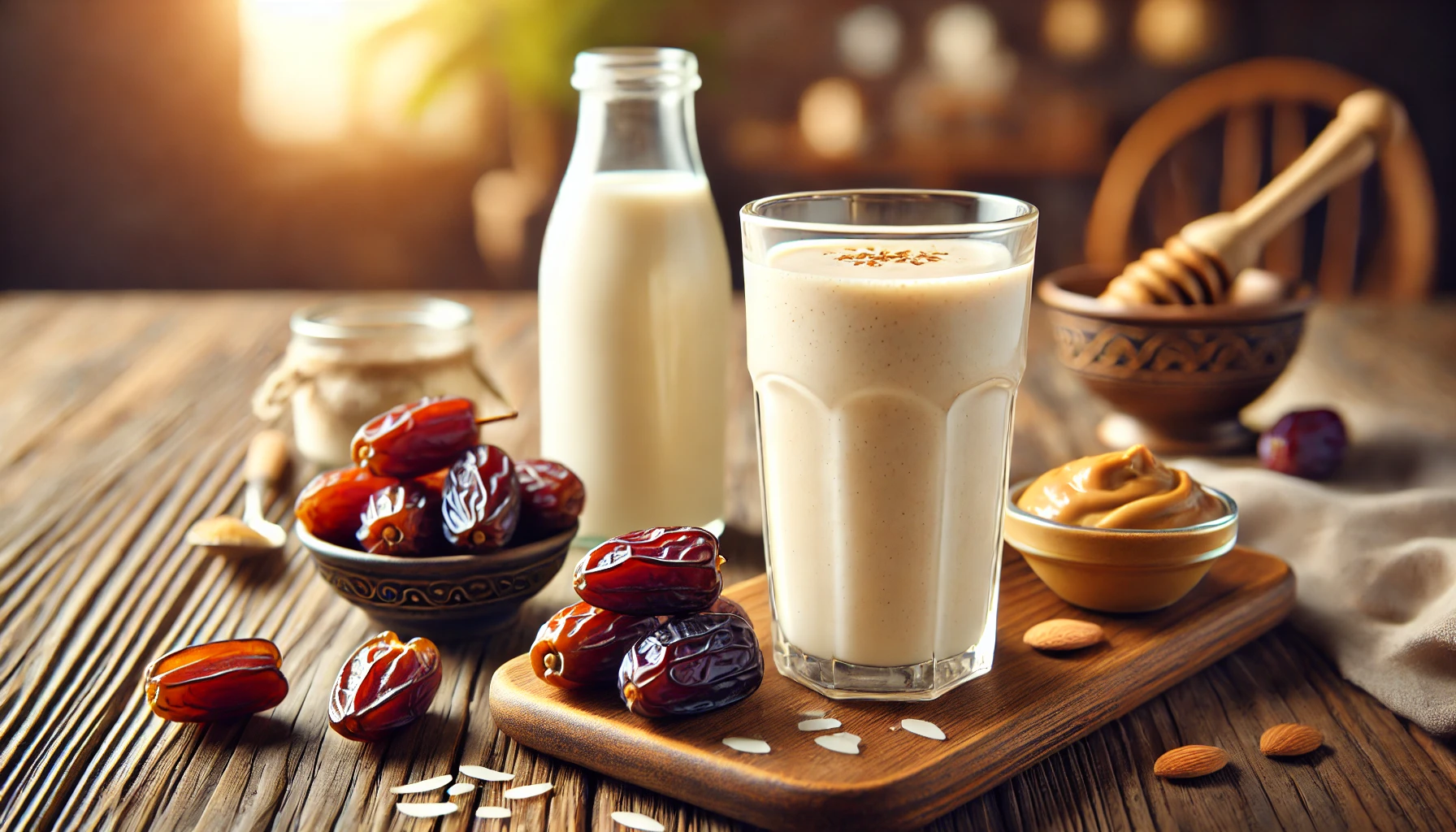 A creamy beige smoothie in a tall glass surrounded by pitted dates, a small bowl of almond butter, and a glass bottle of almond milk on a wooden table, with a softly blurred warm background and natural light.