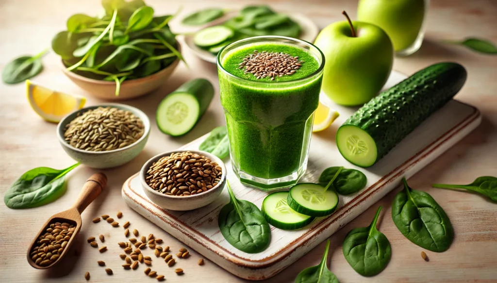 A green detox smoothie in a glass surrounded by soaked fenugreek seeds, spinach leaves, a green apple slice, cucumber pieces, and a lemon wedge on a light wooden surface, styled with soft natural lighting for a refreshing and nutrient-rich presentation.