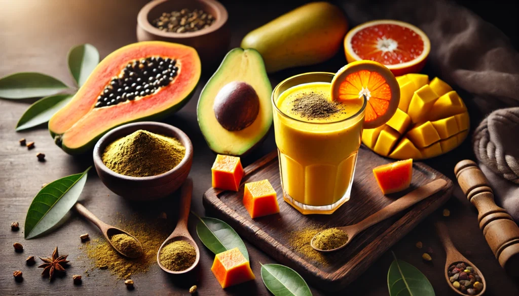 A tropical smoothie in a glass surrounded by fenugreek powder, papaya chunks, orange segments, and an avocado slice on a dark wooden surface, styled with warm natural lighting for a cozy and nutrient-packed presentation.
