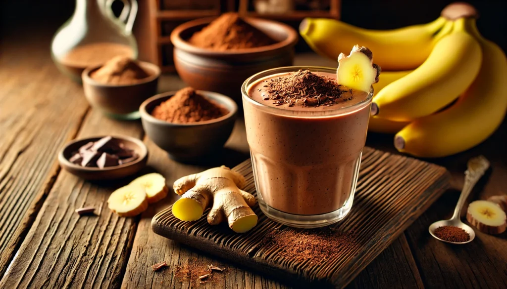 A cozy ginger-chocolate smoothie in a rustic glass, garnished with grated ginger and a sprinkle of cacao powder, surrounded by a small bowl of cacao, fresh banana slices, and a warm wooden table setting.