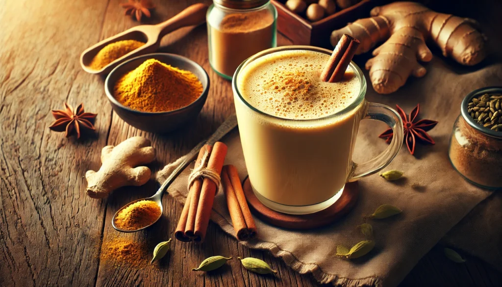 Warm-toned creamy golden chai smoothie in a clear mug, surrounded by cinnamon sticks, ground cardamom, and fresh ginger pieces on a wooden surface, with soft lighting creating a cozy and inviting atmosphere.