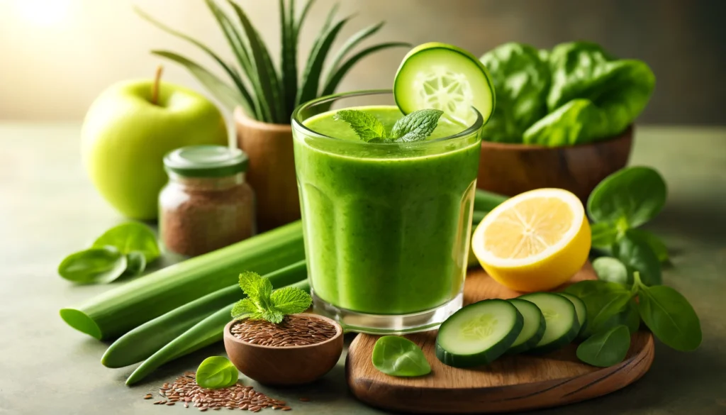 A vibrant green detox smoothie with aloe vera, spinach, green apple, and cucumber in a clear glass, surrounded by fresh ingredients. The smoothie has a smooth, thick texture, placed on a wooden countertop with a lemon wedge, flaxseeds, and a sprig of mint beside it. The background features soft natural lighting, giving a clean, healthy, and refreshing aesthetic.