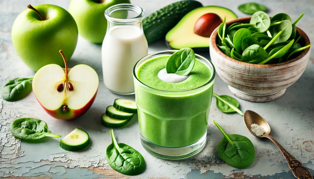 A Green Apple-Spinach Eye Reviver Smoothie served in a clear glass with a vibrant green hue, garnished with a slice of green apple, surrounded by spinach leaves, green apple, cucumber slices, avocado, and coconut milk, perfect for hydrating and promoting eye health.