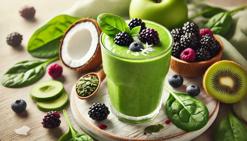 A green smoothie in a glass surrounded by fresh blackberries, spinach leaves, a green apple slice, and coconut milk on a light wooden surface, styled with soft natural lighting for a nutrient-rich and refreshing presentation.