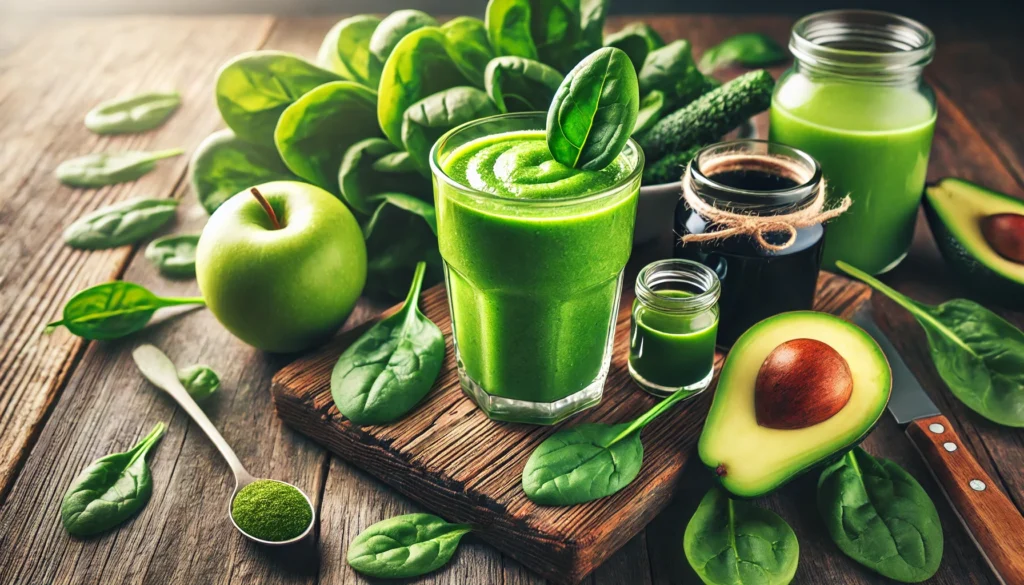 Bright green smoothie in a clear glass surrounded by fresh spinach leaves, kale, avocado halves, a green apple, and a small jar of blackstrap molasses, set on a rustic wooden table with soft natural lighting emphasizing the nutrient-dense, healthy ingredients.