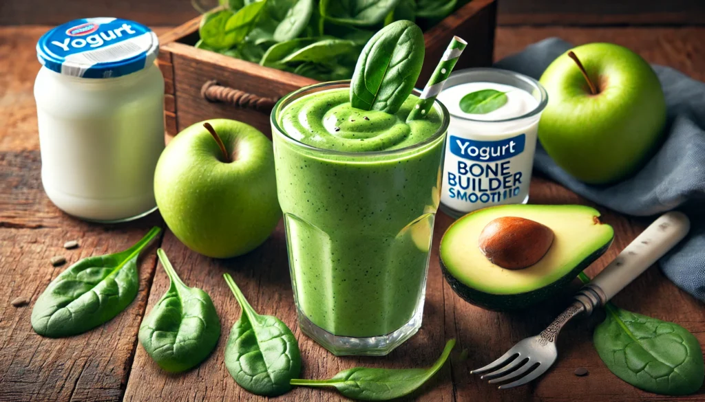 A vibrant green bone builder smoothie in a tall glass, accompanied by fresh spinach, a sliced green apple, half an avocado, and a glass of water on a wooden table, with a yogurt container nearby.