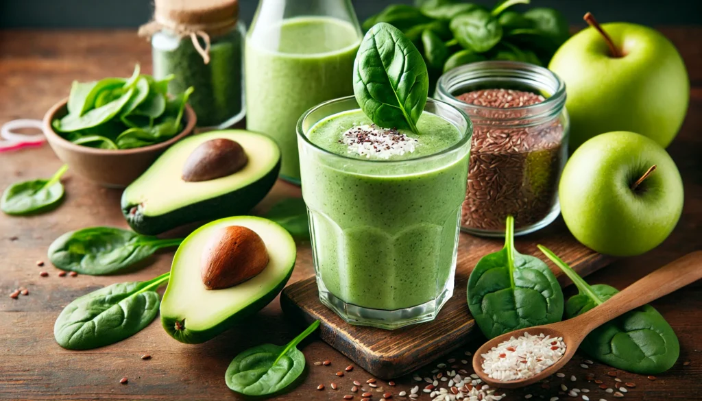 A nutrient-packed green smoothie in a clear glass, blending light green tones, garnished with a spinach leaf and apple slice. The background includes fresh spinach, avocado, a green apple, ground flaxseeds, and a jar of coconut water on a wooden surface, emphasizing ingredients for bone matrix support.