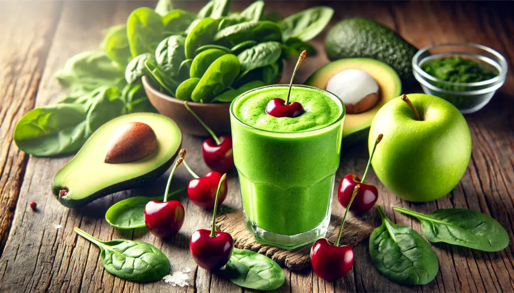 Bright green smoothie in a clear glass surrounded by tart cherries, fresh spinach leaves, avocado halves, a green apple, and a scoop of coconut milk, set on a rustic wooden table with soft natural lighting enhancing the fresh, healthy ambiance.