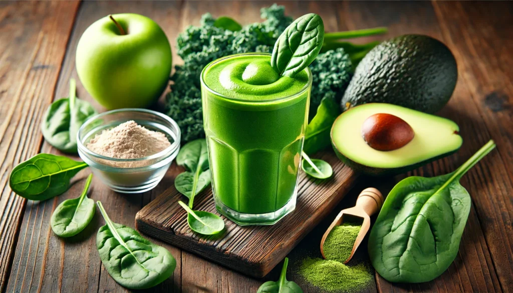 Bright green smoothie in a tall glass surrounded by fresh spinach leaves, kale, avocado halves, a green apple, and a scoop of collagen powder, set on a rustic wooden table with soft natural lighting emphasizing the fresh, nutrient-packed ingredients.