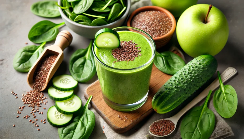 A Green Flax Balancer Smoothie served in a clear glass with a vibrant green hue, garnished with a cucumber slice and ground flaxseed, surrounded by fresh spinach leaves, cucumber, green apple, avocado, and flaxseed, ideal for balancing hormones naturally.