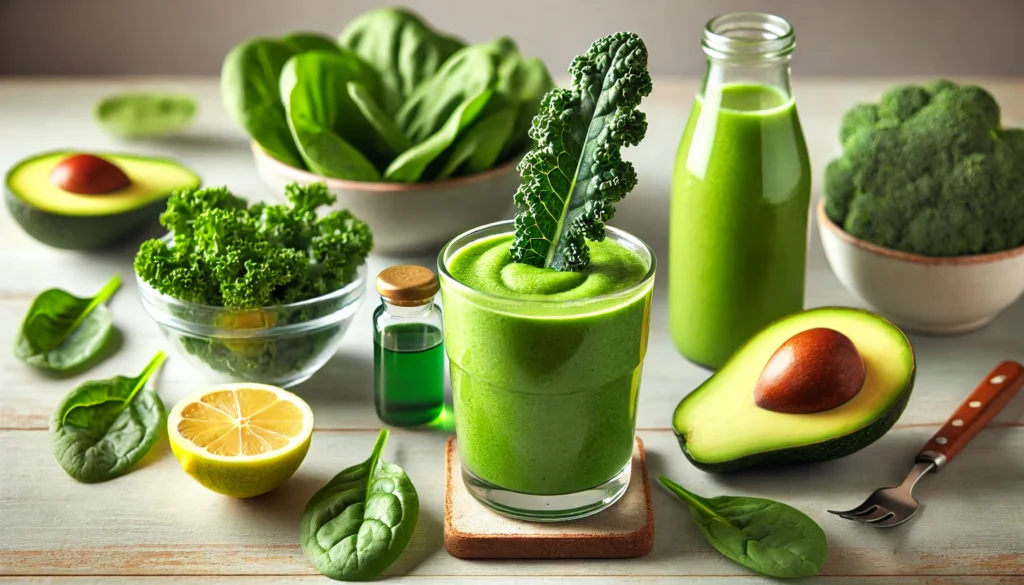 A refreshing green smoothie served in a clear glass, garnished with a sprig of kale. Surrounding the glass are fresh spinach, avocado slices, a green apple, a lemon wedge, and a bottle of coconut water, showcasing nutrient-rich ingredients for injury recovery.
