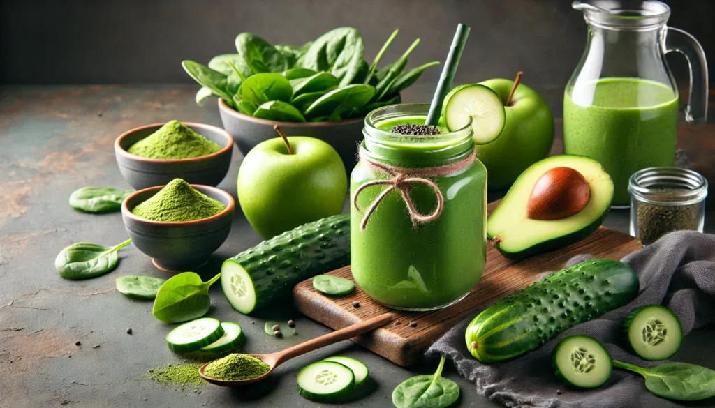 A Green Maca Recovery Smoothie served in a clear glass jar with a straw, garnished with a lime wedge, surrounded by fresh spinach leaves, cucumber slices, a green apple, half an avocado, and a bowl of maca powder, ideal for revitalizing muscle recovery.