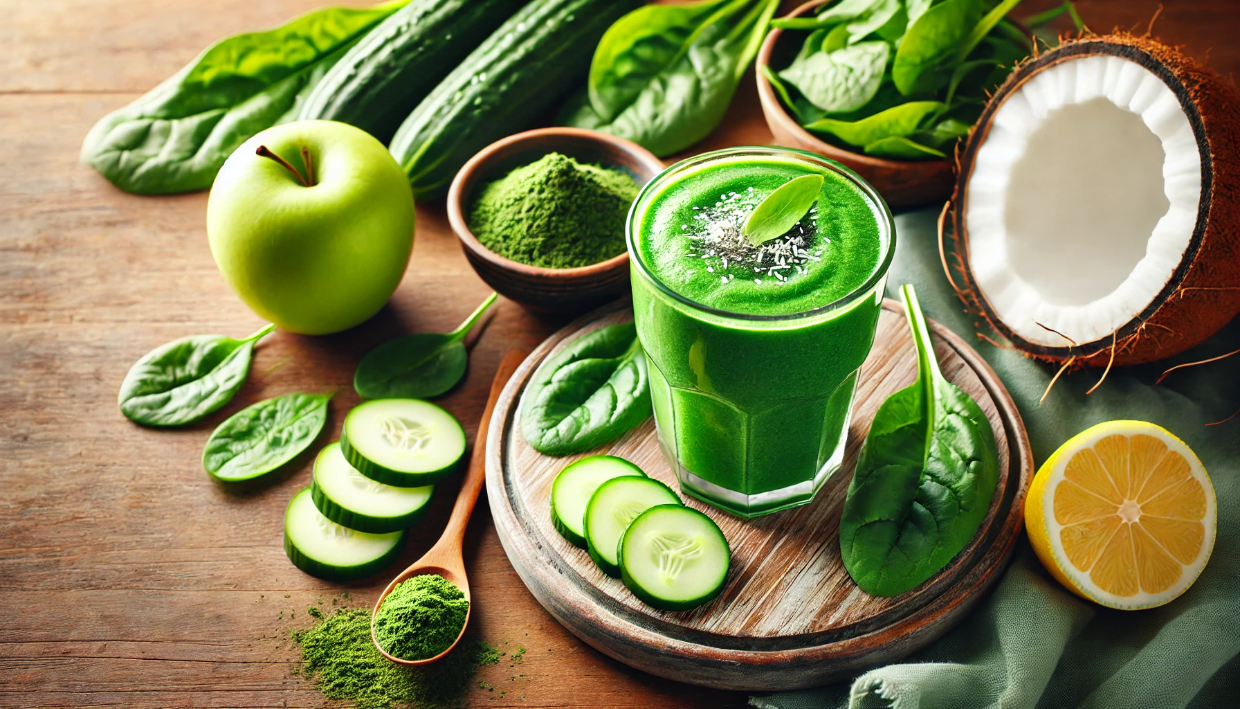 A refreshing green ocean breeze smoothie in a tall glass with a vibrant green color, surrounded by spinach, cucumber slices, a green apple, coconut water, and a dish of powdered seaweed on a wooden table.