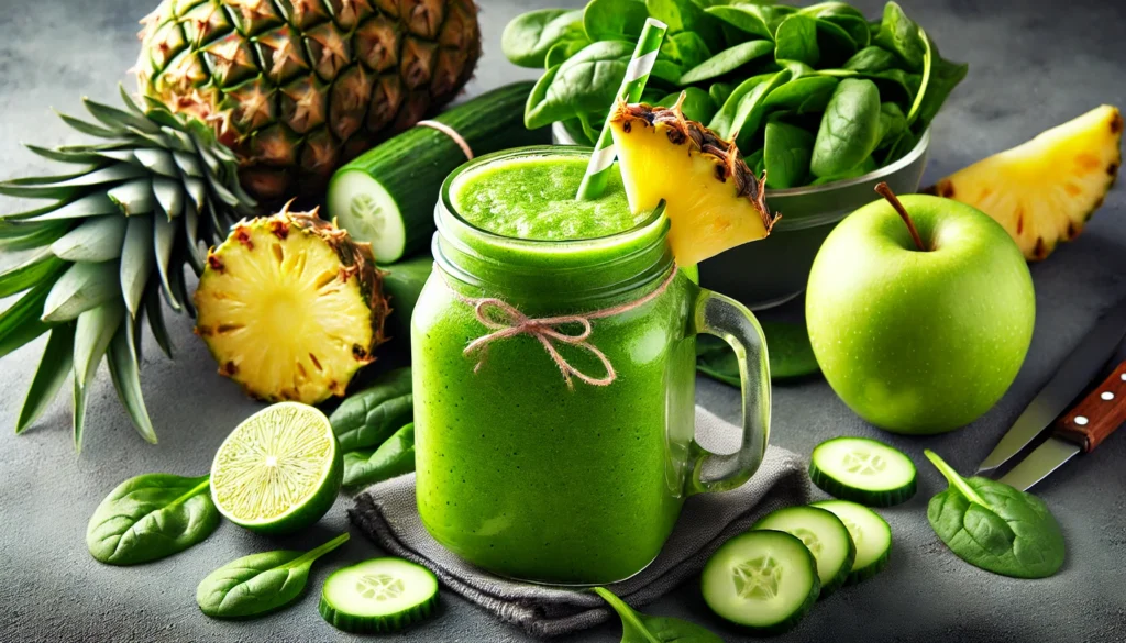 A refreshing Green Pineapple Energizer smoothie in a clear glass jar with a straw, garnished with a lime slice, surrounded by fresh spinach leaves, pineapple chunks, cucumber slices, and a green apple, perfect for post-workout recovery.