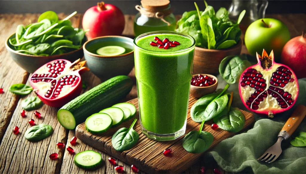 A refreshing green pomegranate vitality smoothie in a tall glass with a vibrant green color, surrounded by fresh pomegranate seeds, leafy greens, sliced cucumber, a green apple, green tea, and a lemon on a rustic wooden table.